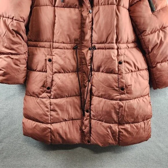 Steve Madden Plus Size Hooded Puffer Utility Coat Womens 1X Terracotta Zip Snap - Picture 3 of 14